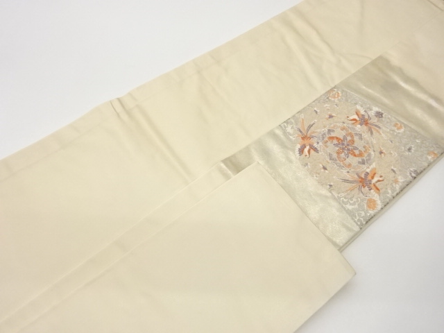  引箔華文に抽象孔雀模様織出し名古屋帯